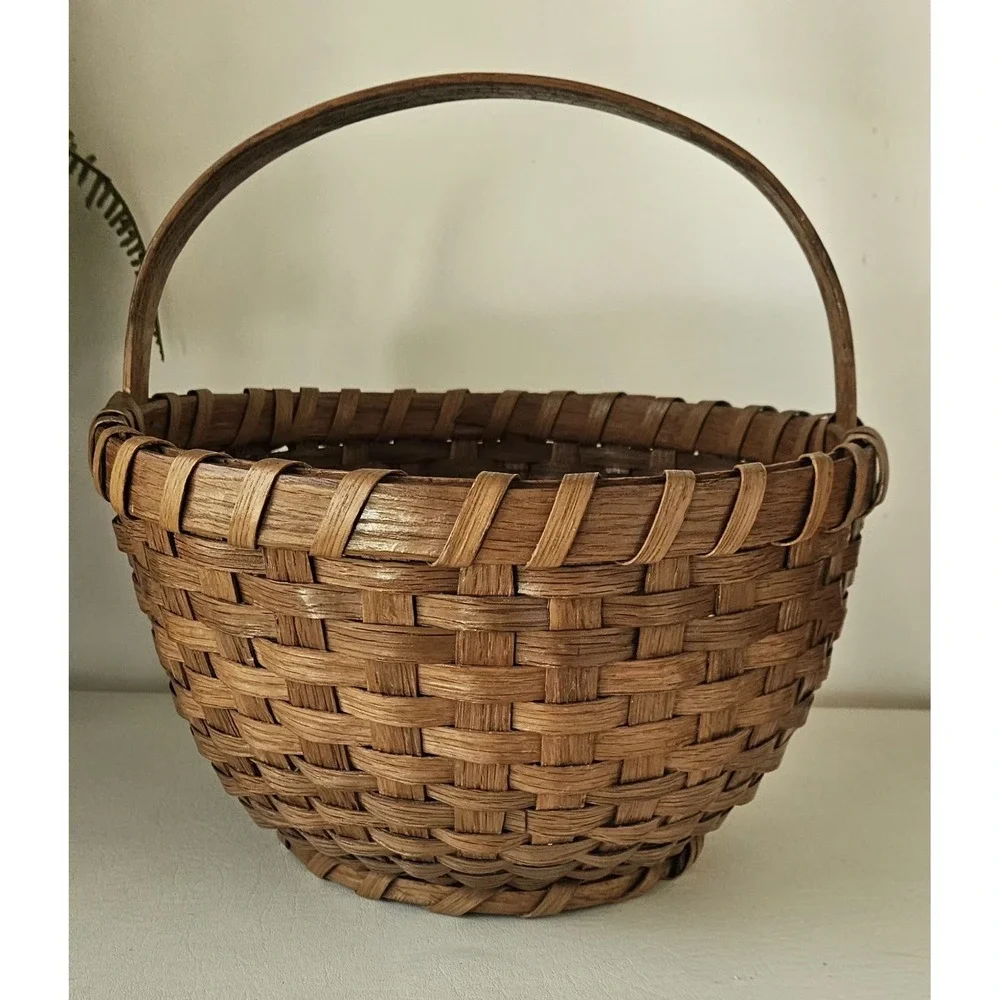 Early American Gathering Basket Bentwood Handle Primitive Antique